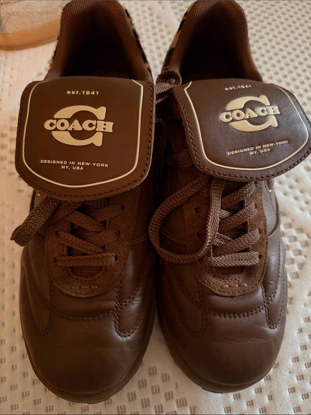 Coach Men's Dark Brown Leather Lace-Up Sneakers with Logo Flap
